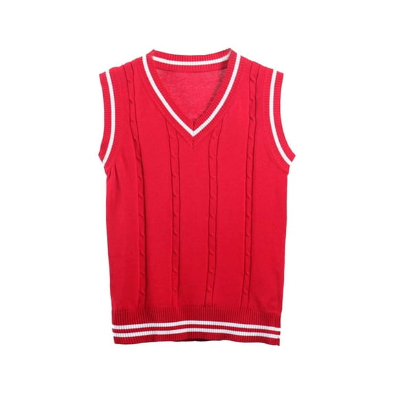 Hjtefg Kids V-Neck Vest - Sleeveless Knit Pullover for Boys & Girls, Warm Textured Sweater Top for Layering,Color: 1-Red Size: 13-14 Years