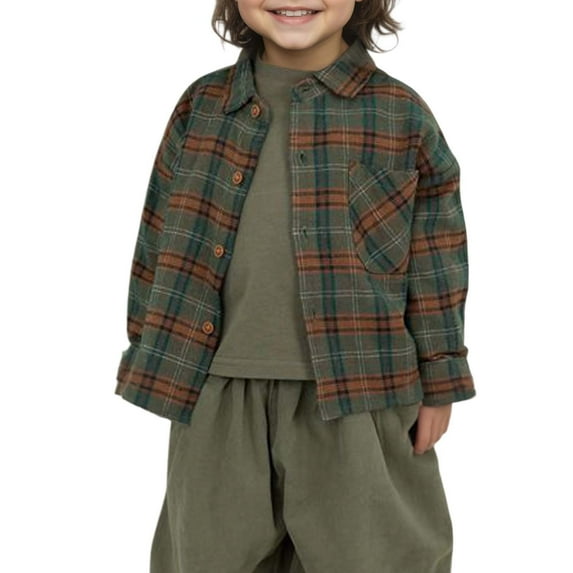 Hjtefg Plaid Autumn Boys Girls Linen Blend Lapel Top Shirt Brushed Soft Flannel Style Casual Button Down Shirt for Kids,Color: 1-Green Size: 4-5 Years