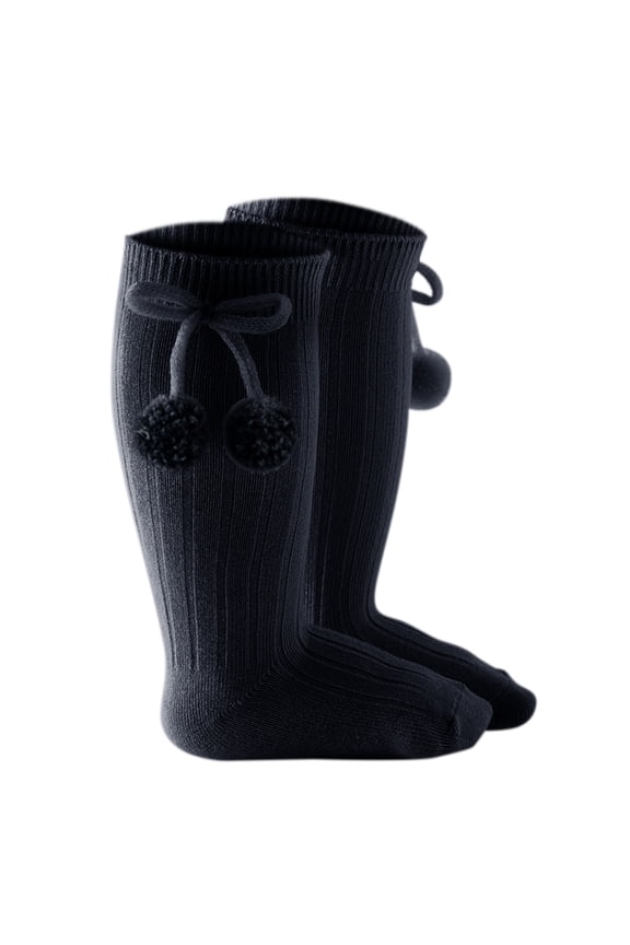 Toddler Girls Solid Knee High Socks Mid Calf Length Stockings Spanish British Style Ribbed Bobble Detail Socks for Baby Kids Soft Comfortable Crew Length,Color: Z1-Black Size: 2-4 Years
