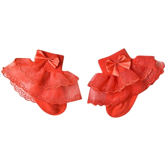 Hjtefg Toddler Lace Socks - Breathable Solid Color Ankle Socks with Bow Detail, Soft Thin Socks for Kids,Color: Red Size: 5-8 Years