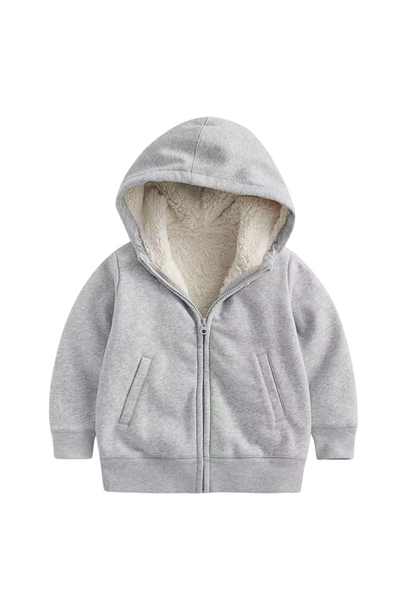 Winter Girls Jacket With Hood Warm Thickened Windproof Zip Up Coats For Kids Soft Outerwear Lamb Wool Like Lined,Color: Light Gray Size: 10-12 Years