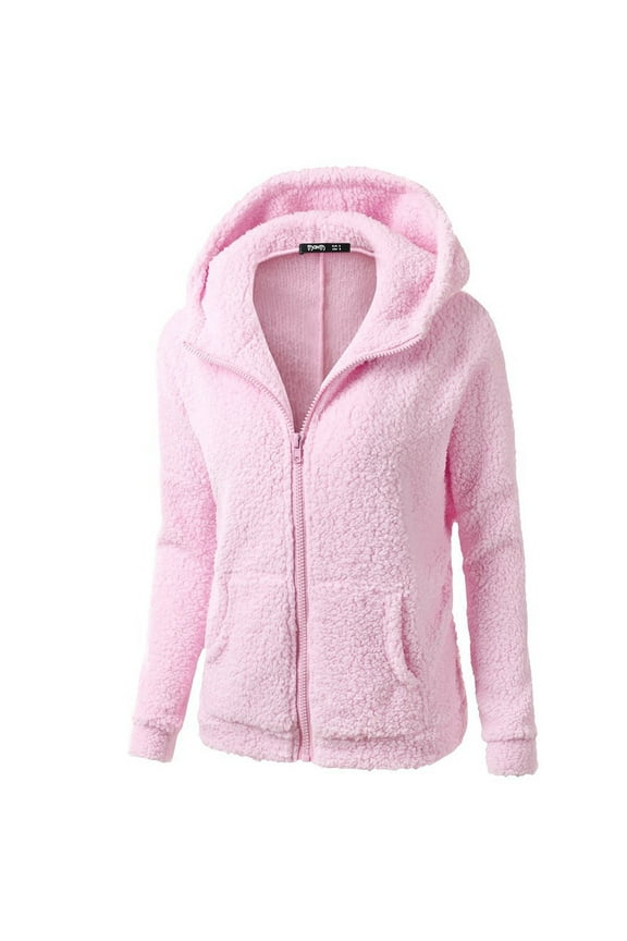 Women's Winter Hooded Sweater Coat Zipper Front Warm Wool Blend Outerwear For Cold Weather Comfortable Casual Style,Color: Prink Size: L