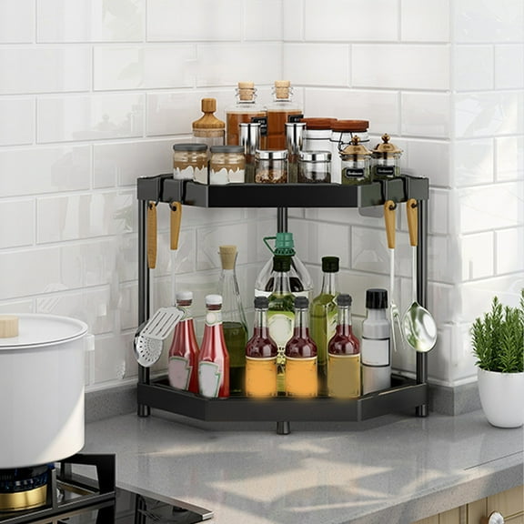 Hkapeg 2 Tier Corner Shelf Spice Rack Organizer with Guardrail Adjustable Feet Stable Counter Storage Rack for Kitchen Bathroom Perfume Countertop and Corner Space Dining Supplies