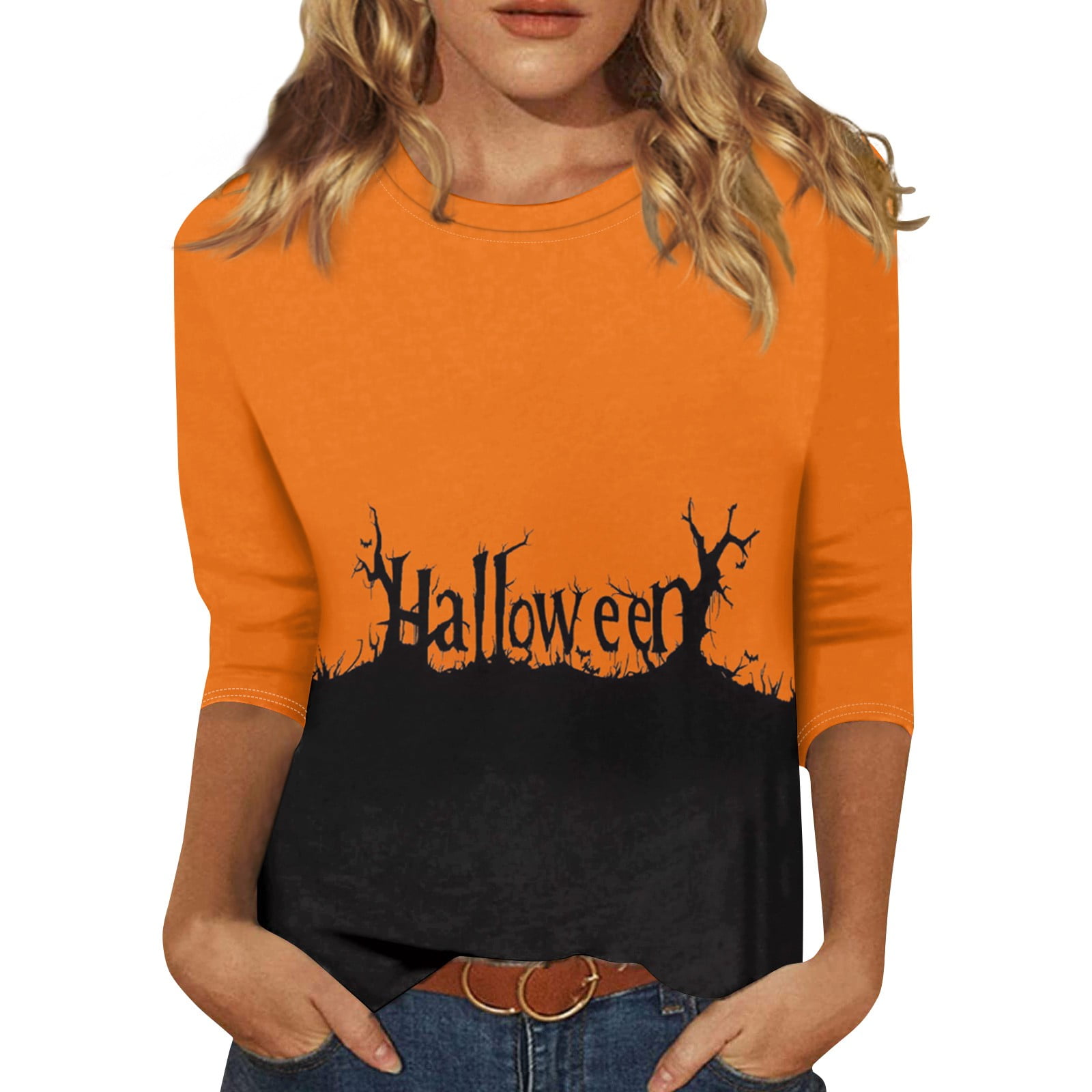 Hkcnichi Halloween Womens Clothing Plus Size Crewneck Elbow Sleeve