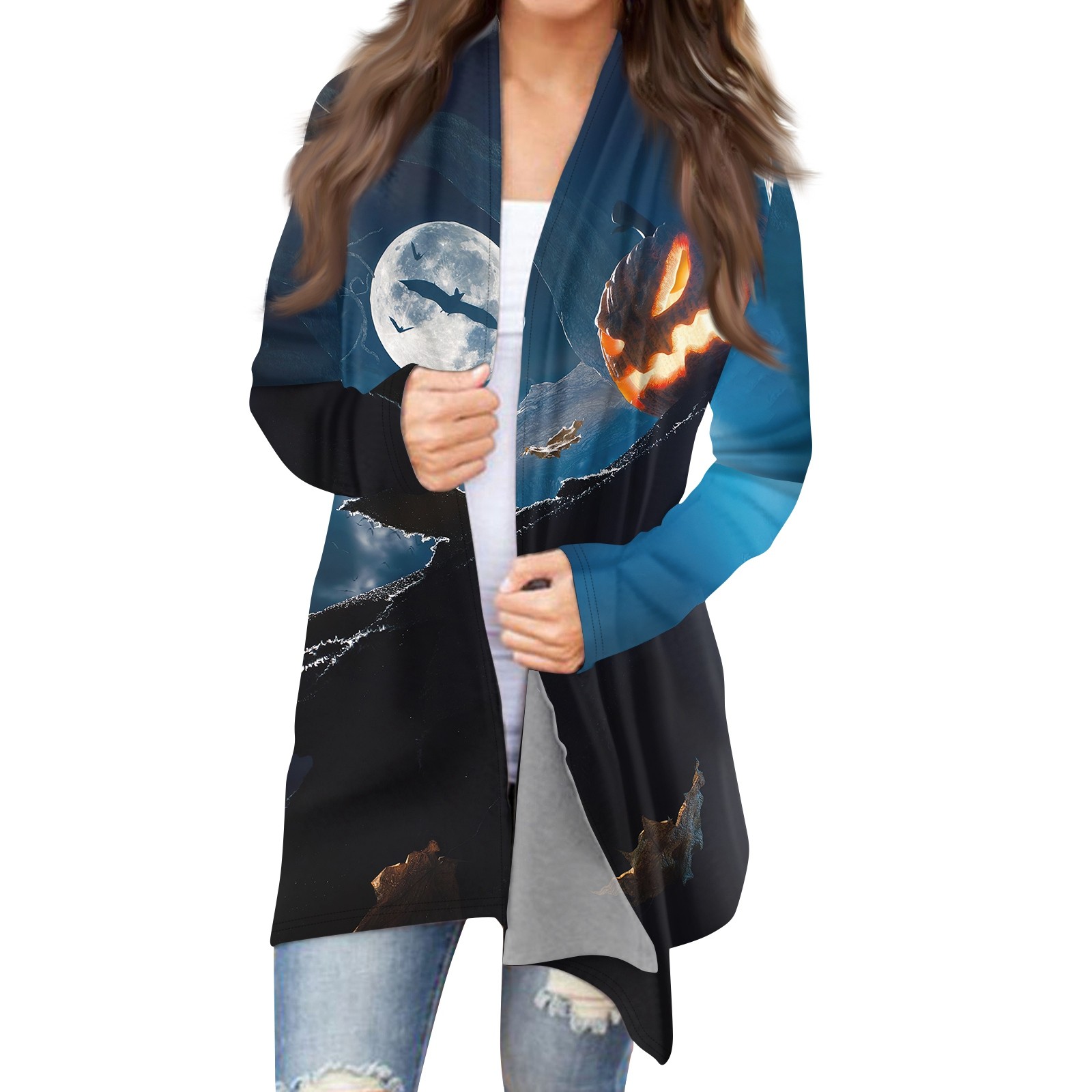 Hkcnichi Womens Halloween Cardigan Spooky Open Front Cardigan Scary Pumpkin Face Print Halloween Party Sweaters Fall Long Sleeve Outwear Coat Plus Size Jakets Loose Fit Shirt Blue 3XL Walmart