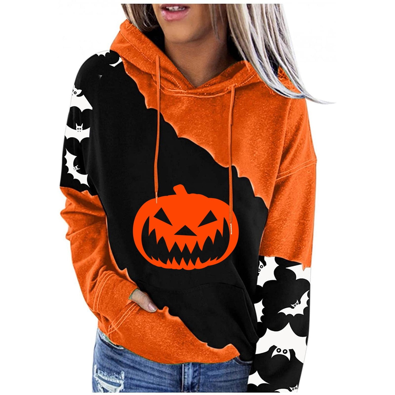 Hkcnichi Womens Halloween Hoodie 2024 Pumpkin Print Long Sleeve