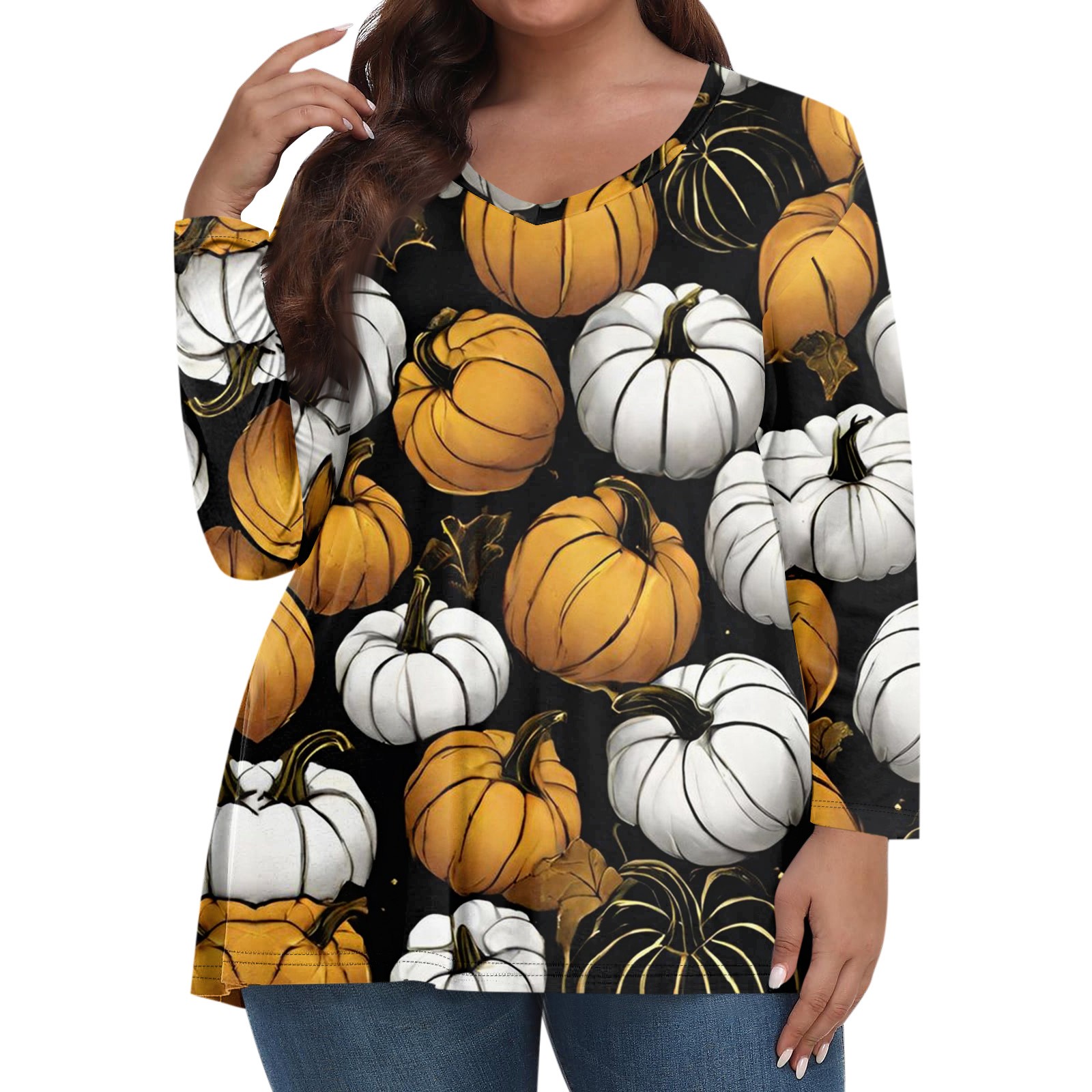 Hkcnichi Womens Halloween Tops V Neck Pumpkin Print Shirt Autumn Long ...