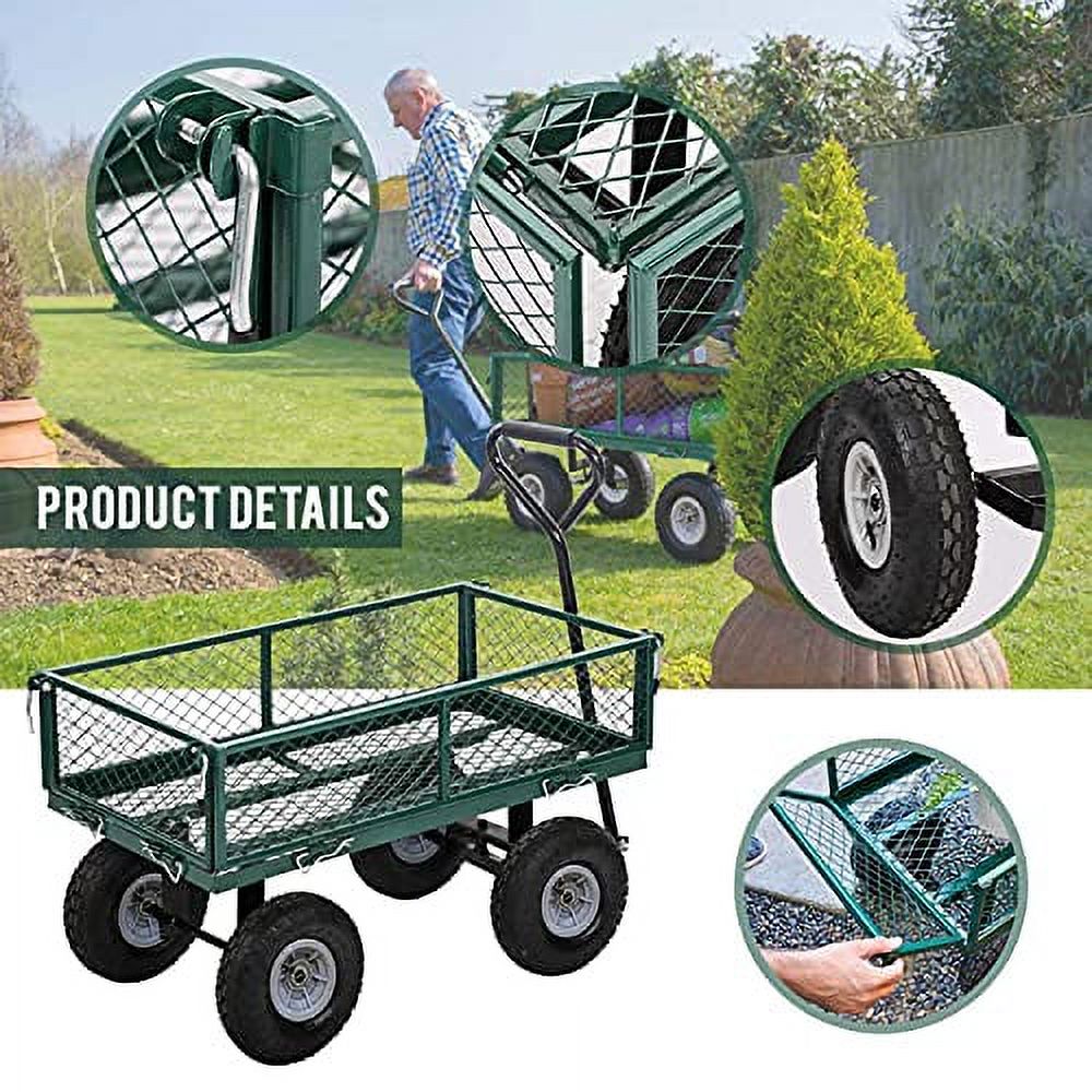 Hkeli Garden Cart Wagons Heavy Duty Steel Utility Cart Dump Wagon Cart