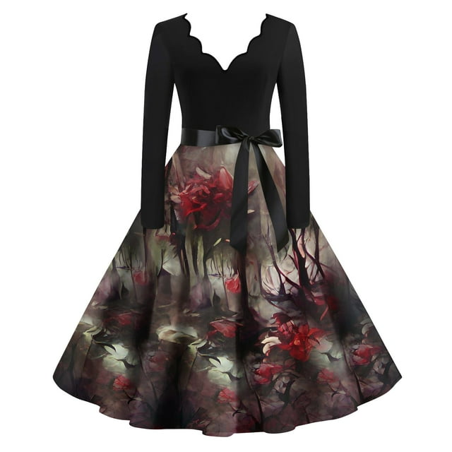 Hkibbfh Halloween Dresses for Women Vintage Hepburn Dress Floral