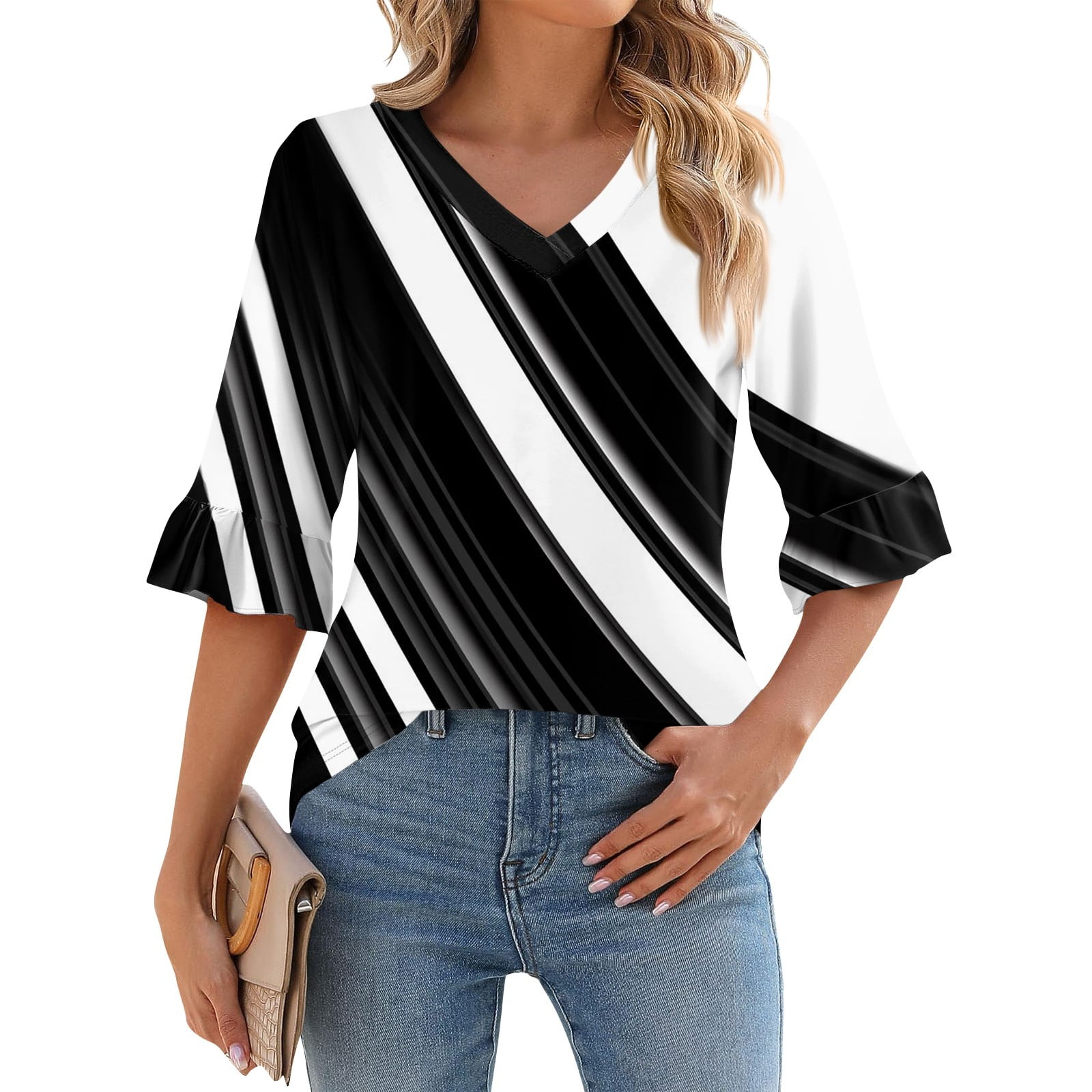 Hkibbfh Peasant Blouses for Women 3 4 Length Sleeve V Neck Boho Tops Loose Three Quarter Sleeve Shirt Dressy Casual Tunics T Shirts Black 3XL