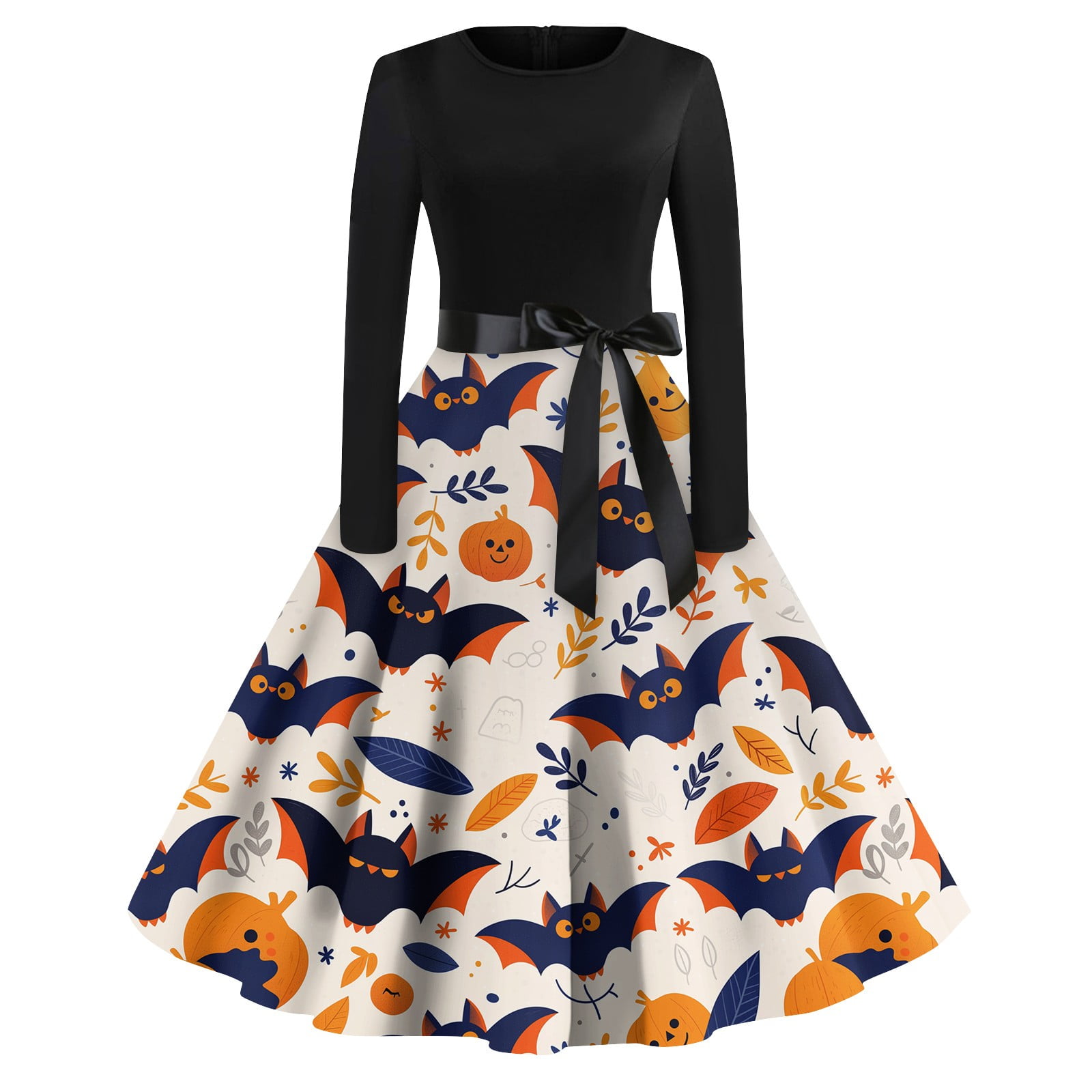 Hkibbfh Women's Halloween Dress Fall Vintage Pumpkin Ghost Bat Print