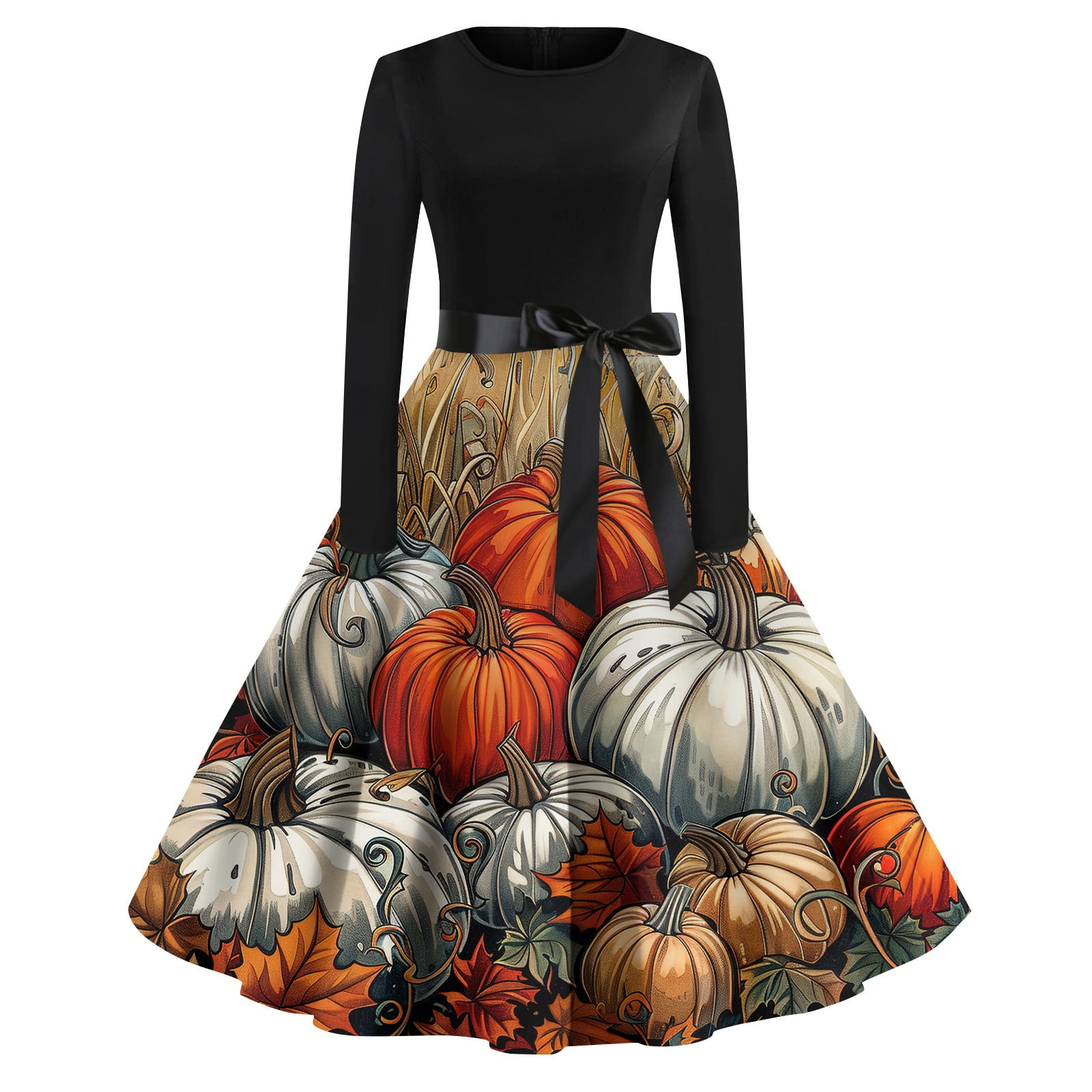 Hkibbfh Womens Halloween Dress Vintage Hepburn Dress Pumpkin Print Long