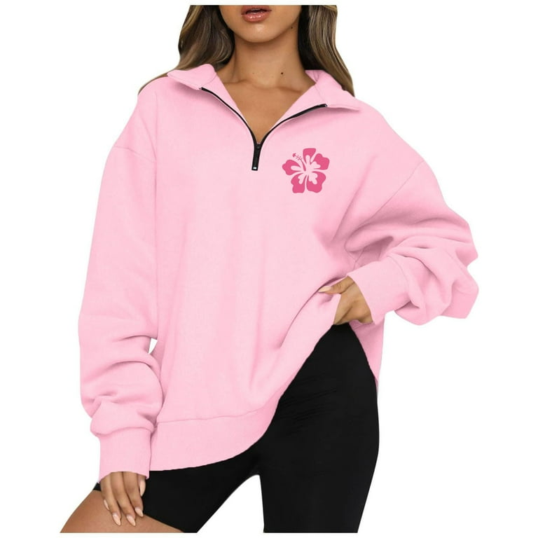 Hkibbfh Womens Zip Up Hoodies Oversized Long Sleeve Sweatshirt Hoodie Half Zip Sweater Fall Plus Size Fleece Trendy Essentials Jacket Pink L Walmart