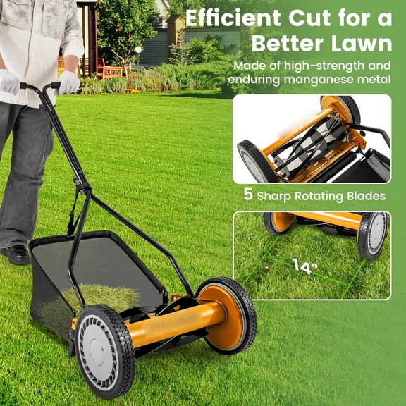 Hkinojoy Push Lawn Mower, Cordless 14 Manual Reel Mower, Adjustable Cutting Heights