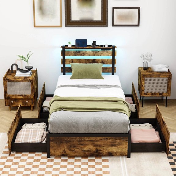 Hkinojoy Twin Size Bed Frame w/ USB Ports Smart APP Control & Drawers LED Lights Outlets