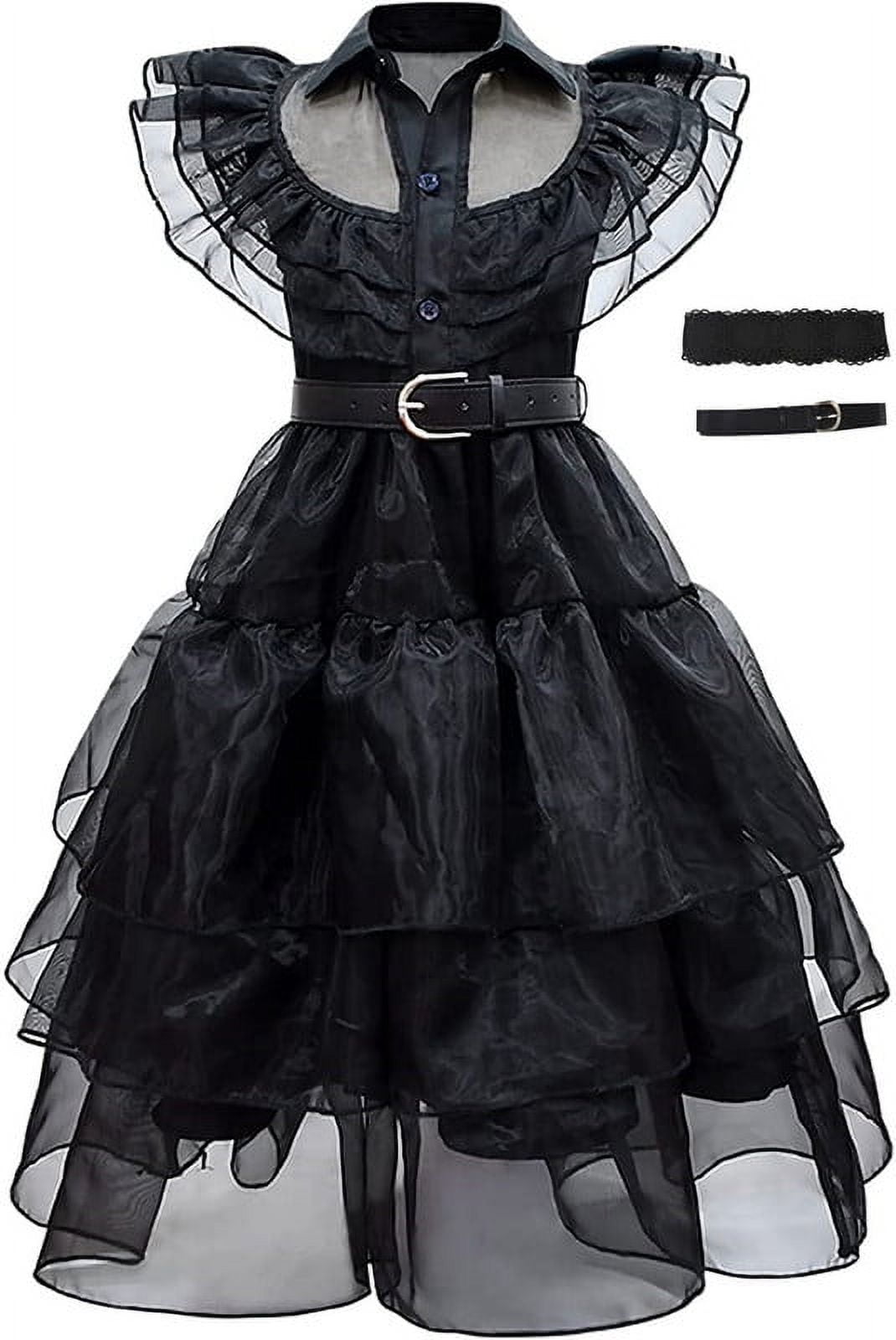 2023 Wednesday Addams Costume With Wigs For Kids Girls Tulle Belt Gothic  Black Dress Halloween Cosplay Night Costume Wigs