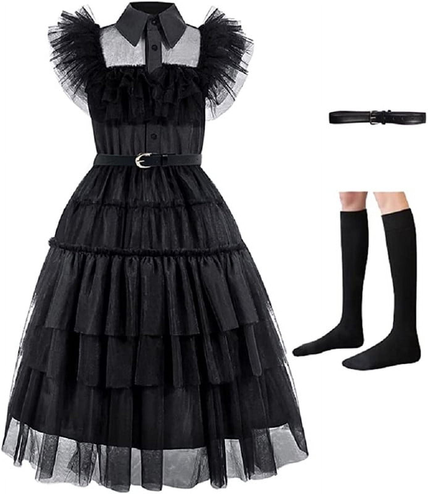  AMOTEM Girls Wednesday Addams Dress Costume Kids Cosplay Outfit  5-Piece Pilgrim Costume Set with Wig Sock 4-12 Years : Toys & Games