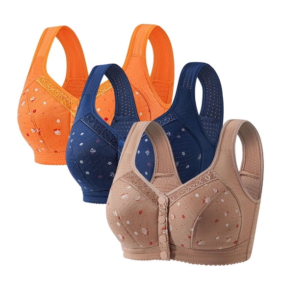 Hkoxplj 3 Pack Bras for Older Women Front Closure No Underwire Bra Full Coverage Bralette for Sagging Breasts Plus Size Wireless Bra with Adjustable Straps Breathable Bra for Daily Wear