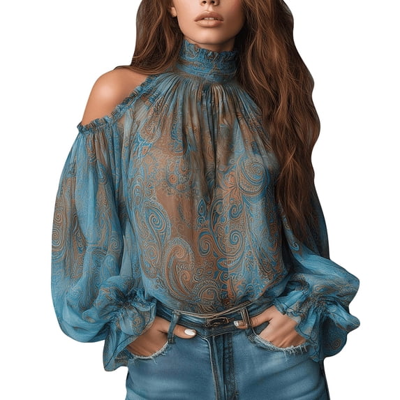 Hkoxplj Blouse Cold Shoulder High Neck Long Sleeve Chiffon Top for Women Fall Fashion Outfits Womens Essentials Clothes