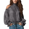 thumbnail image 1 of Hkoxplj Blouse Cold Shoulder High Neck Long Sleeve Chiffon Top for Women Fall Fashion Outfits Womens Essentials Clothes, 1 of 7