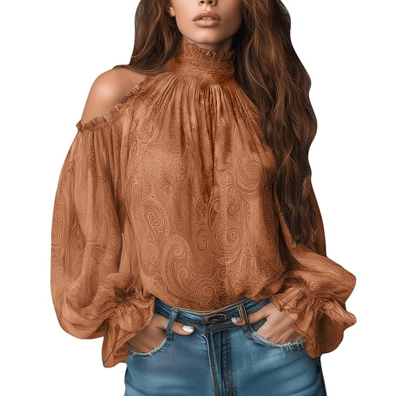 Hkoxplj Blouse Cold Shoulder High Neck Long Sleeve Chiffon Top for Women Fall Fashion Outfits Womens Essentials Clothing