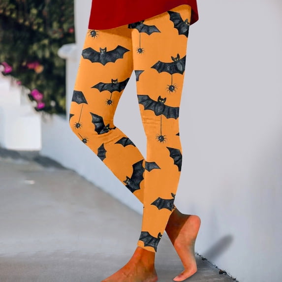 Hkoxplj Halloween Leggings for Women Printed Leggings Soft Cotton Blend Stretch High Waist BOO Ghost Bat Pattern Casual Workout Leggings Festival Party Tights All Season Comfortable Athletic Pants