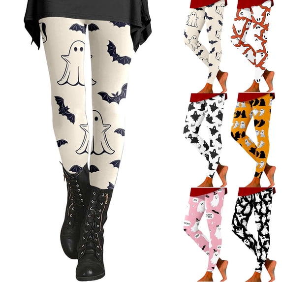 Hkoxplj Halloween Leggings for Women Soft Cotton Blend Printed Pants Stretch High Waist Ghost Bat Pattern Casual Workout Leggings Festival Party Tights All Season Comfortable Athletic Pants