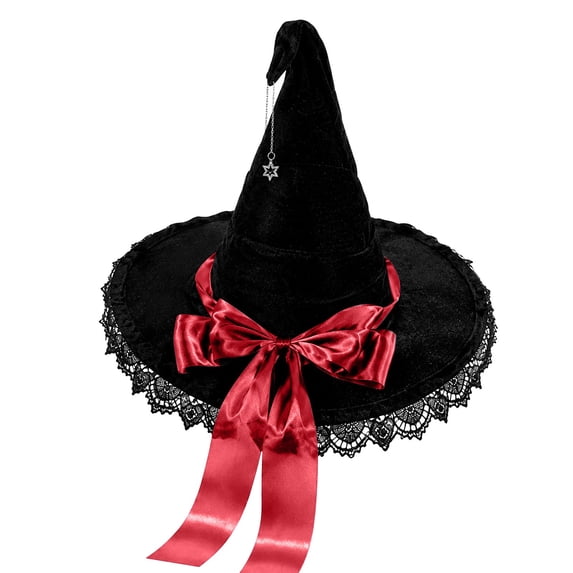 Hkoxplj Lace Tulle Witch Hat for Women Vintage Gothic Halloween Costume Hat Wide Brim Pearl Beaded Bow Hat with Star Charm Pendant Pointed Top Velvet Hat for Party Cosplay Photoshoot