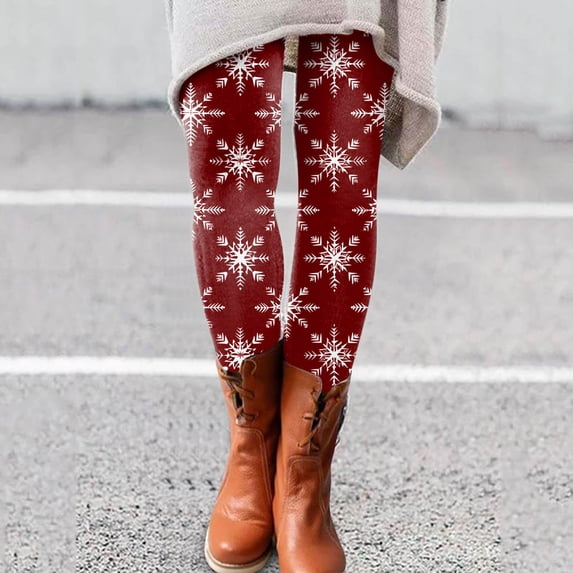 Hkoxplj Leggings for Women Christmas Snowflake Print Leggings High Waisted Soft Stretchy Full Length Footless Pants Opaque Winter Fall Casual Leggings for Daily Wear Workout Yoga Holiday Party