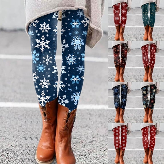 Hkoxplj Leggings for Women Christmas Snowflake Print Leggings High Waisted Soft Stretchy Full Length Footless Pants Opaque Winter Fall Casual Leggings for Daily Wear Workout Yoga Holiday Party