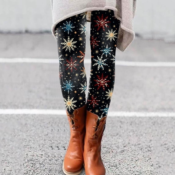 Hkoxplj Leggings for Women Christmas Snowflake Print Leggings High Waisted Soft Stretchy Full Length Footless Pants Opaque Winter Fall Casual Leggings for Daily Wear Workout Yoga Holiday Party