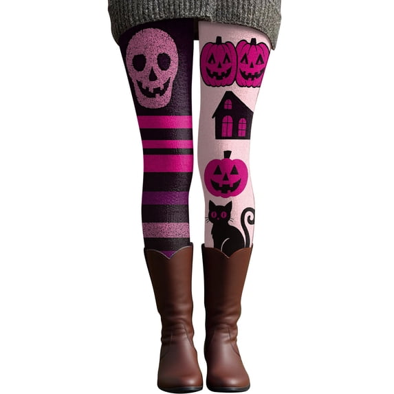 Hkoxplj Leggings for Women Halloween Leggings Retro Printed High Waist Cotton Blend Stretch Pants Slim Fit Yoga Leggings with Asymmetric Pumpkin Black Cat Skull Print for Women
