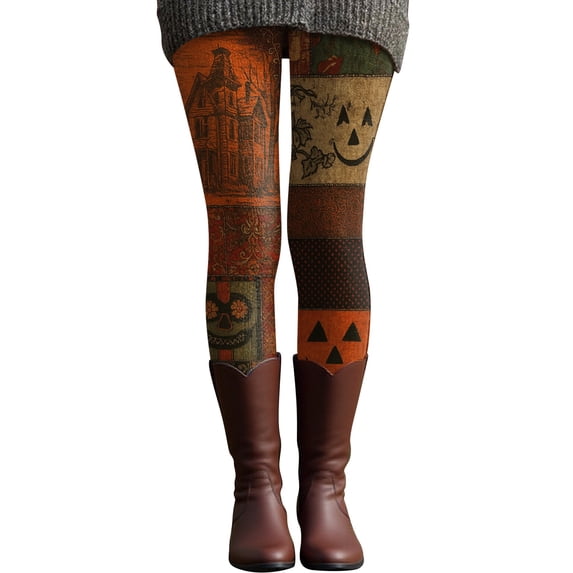 Hkoxplj Leggings for Women Halloween Leggings Retro Printed High Waist Cotton Blend Stretch Pants Slim Fit Yoga Leggings with Asymmetric Pumpkin Black Cat Skull Print for Women