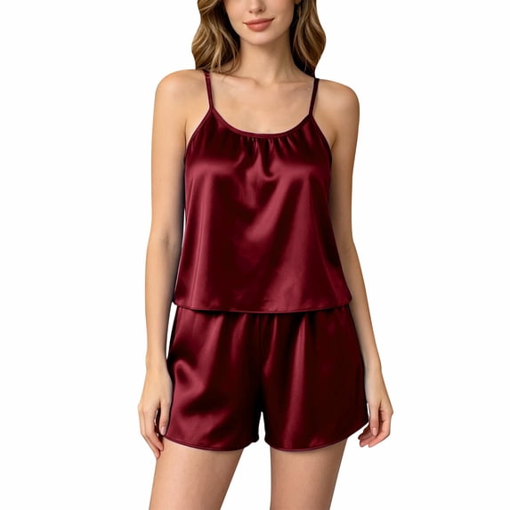 Hkoxplj Lounge Set for Women Summer Satin Shorts Pajama Set Soft Tank Top Elastic Short Pants Sleepwear for Women Daily Night Wear