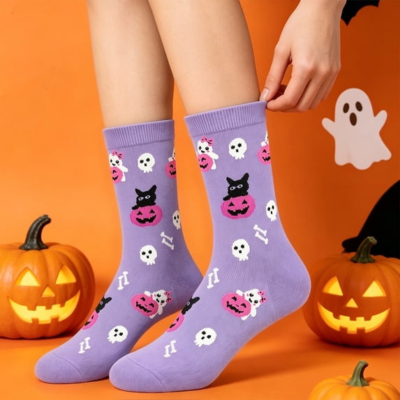 Hkoxplj Socks for Women Men Halloween Socks Cotton Crew Socks Novelty Pumpkin Bat Ghost Pattern Soft Stretchy Mid Calf Socks Unisex Socks for Daily Party Wear Gift up to US 10