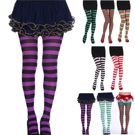 Hkoxplj Unisex Striped Tights Christmas Halloween Party Stockings Stretchy High Waist Pantyhose for Men and Women Colorful Striped Stockings Opaque Party Leggings Holiday Dress Up Tights