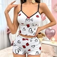 thumbnail image 1 of Hkoxplj Women Color Block Heart Print Cami Shorts Pajama Set V Neck Contrast Trim Ruffle Hem Adjustable Spaghetti Strap Elastic Waist 2 Piece Summer Sleepwear Cute Ribbed Loungewear Pjs Outfit, 1 of 4