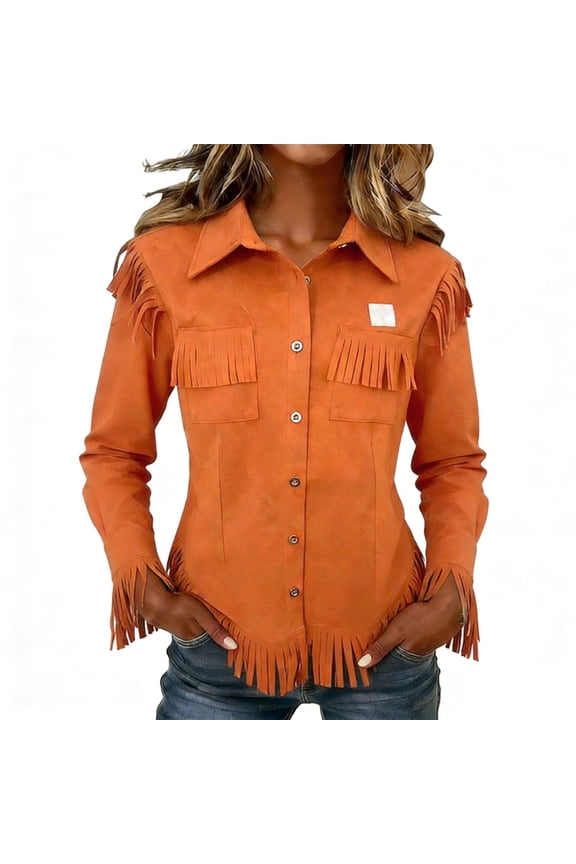 Women Suede Fringe Western Shirts Long Sleeve Button Down Retro Blosue Tassel Motorcycle Suede Outwear Fall Fashion Blouses