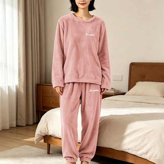 Hkoxplj Women Thickened Coral Fleece Pajama Set Long Sleeve Crewneck Top and Elastic Cuff Jogger Pants Soft Plush Fuzzy Loungewear Set Cozy Warm Winter Sleepwear 2 Piece Outfit Plus Size