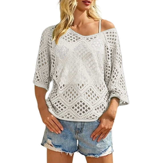 Hkoxplj Women's Crochet Top with V Neck Summer Crochet Long Sleeve Tops Cover Cruise Outfit Fall Fashion Blouses