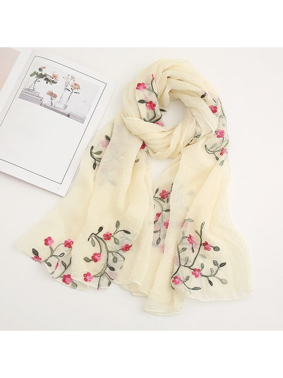 Women's Embroidered Plum Blossom Chiffon Scarf Lightweight Shawl Wrap Long Sheer Scarf Multifunctional Fashion Scarves for Spring Summer Fall