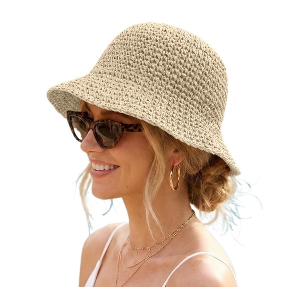 Hkoxplj Women's Hollow Crochet Straw Bucket Hat Packable Foldable Wavy Wide Brim Sun Hat Summer Beach Travel Woven Hat Vacation Hats