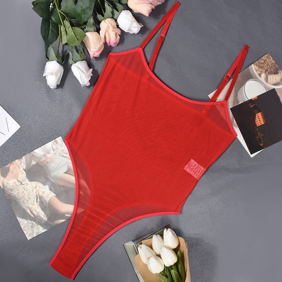 Hkoxplj Women's Sheer Mesh Thong Bodysuit Spaghetti Strap Square Neck See Through High Stretch Slim Fit Solid Color Bodysuit with Adjustable Straps Club Nightwear Party Outfit for Women
