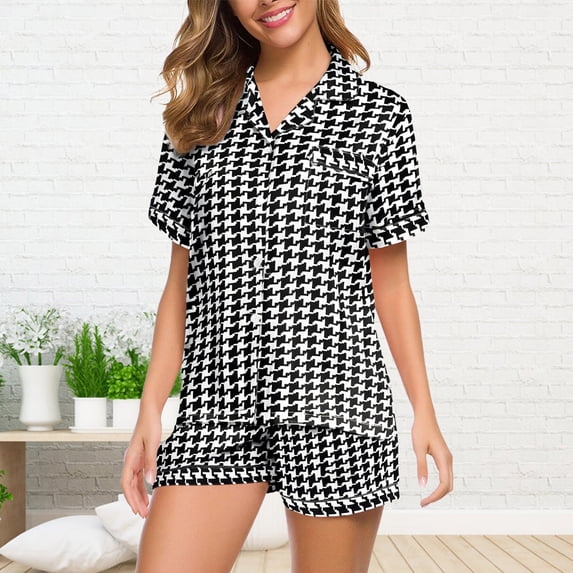 Hkoxplj Women's Summer Cooling Printed Satin Pajama Set Short Sleeve Button Down Lapel Top and Elastic Waist Shorts with Pockets Plus Size Breathable Soft Lightweight Casual Sleepwear Loungewear Set