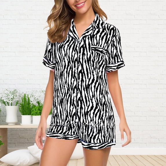 Hkoxplj Women's Summer Cooling Printed Satin Pajama Set Short Sleeve Button Down Lapel Top and Elastic Waist Shorts with Pockets Plus Size Breathable Soft Lightweight Casual Sleepwear Loungewear Set