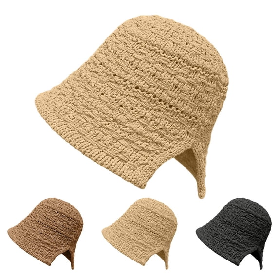 Hkoxplj Women's Textured Hollow Woven Bucket Hat Packable Foldable Straw Sun Hat Adjustable Beach Cap with Drop Ear Detail Breathable Summer Outdoor Hats for Travel Vacation 3 Colors