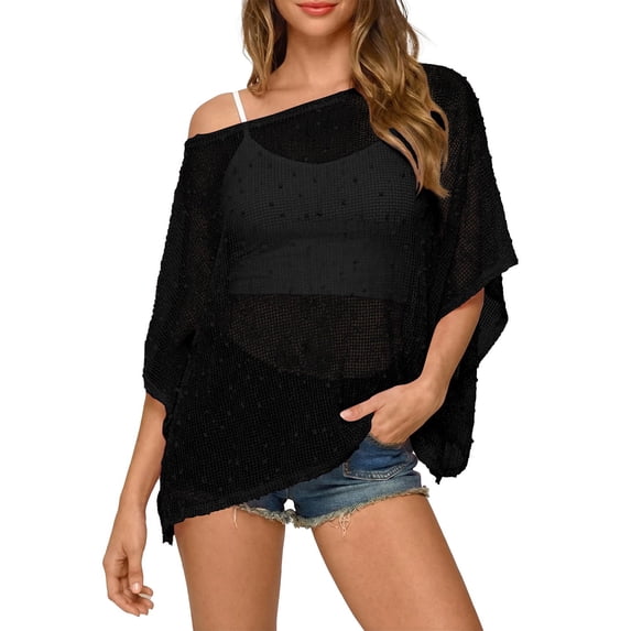 Hkoxplj Women's Wraps Knit Sequin Poncho Top Crochet Batwing Sleeve Shawl Asymmetrical Sweater Cover Up Beachwear Summer Fall Fashion Accessories