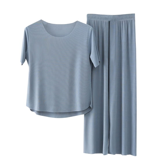 Hkoxplj Womens 2 Piece Outfits Summer Casual Loose Short Sleeve Pullover Tops & Wide Leg Pants Sets Tracksuit New Lounge Set for Women