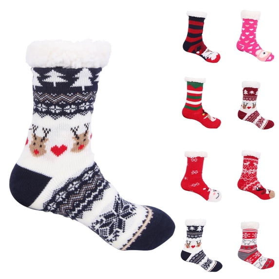 Hkoxplj Womens Fuzzy Christmas Socks Cozy Fleece Lined Floor Socks Soft Warm Plush Socks Winter Holiday Slipper Socks with Cute Reindeer Snowflake Patterns Stocking Stuffers for Women and Men