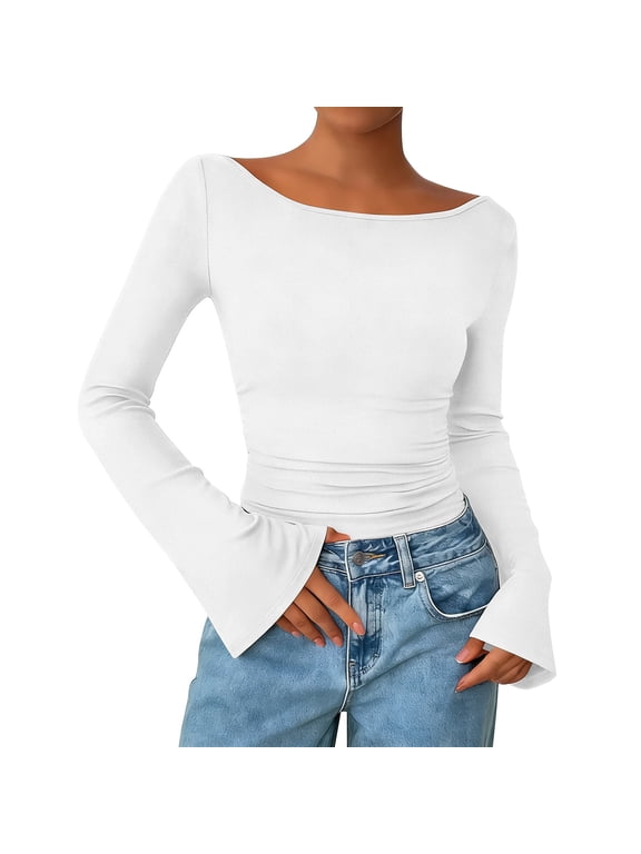 Womens Long Sleeve Shirts Spring Crop Going Out Tops Casual Boat Neck Bell Sleeve Ribbed Ruched Clothes Fall Fashion Blouses